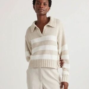 Quince Cream and White Striped V-Neck Sweater